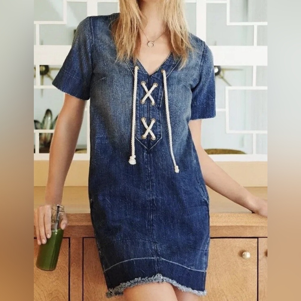Current/Elliott Blue Lace-Up Denim Dress w/ Pockets Sz Large - Picture 1 of 8